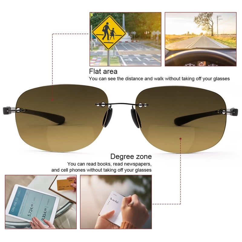 PEEPAI 2 Pairs Bifocal Reading Glasses Outdoor UV Protection Sunglasses Rimless Computer Anti Blue Light Glare Tinted Sun Readers Far and Near Dual Use Eyewear for Men Women 2.0 - Image 3
